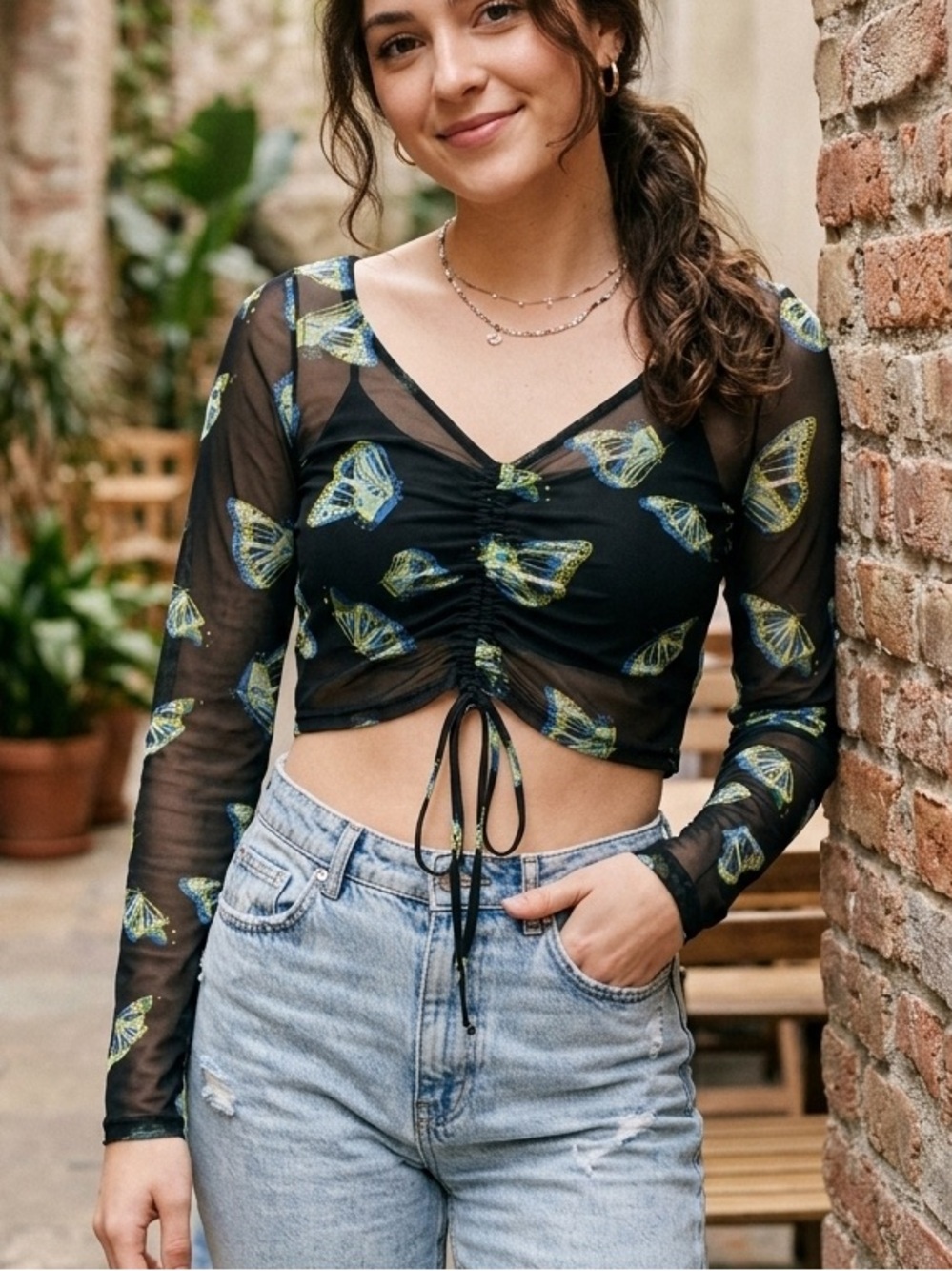 GLANCE Butterfly Print Sheer Mesh Ruched Crop Top Large